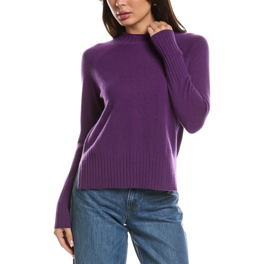 Forte Cashmere Womens  Hi Low Rib Trim Funnel Neck 100% Cashmere Sweater, Purple
